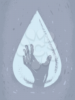 Abstract Illustration of a Water Drop with a Hand Up. Water Crisis Help