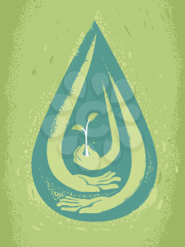 Abstract Illustration of Water Drop with Hands Holding a Seedling Plant