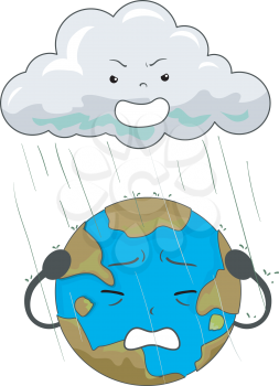 Illustration of a Cloud Mascot Pouring Acid Rain Over Earth Mascot