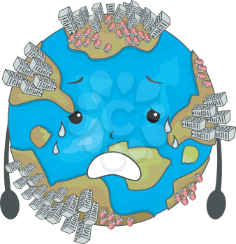 Illustration of a Worried Earth Mascot Full of High Rise Buildings. Urbanization. Population Concept
