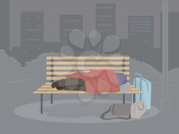Illustration of a Homeless Person Under Covers Sleeping Outdoors on a Bench