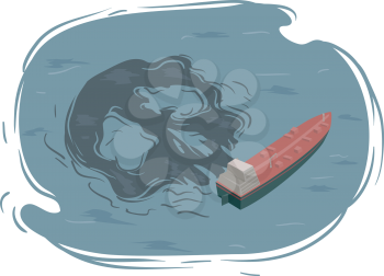 Illustration of an Oil Tanker Ship with Oil Spill Shaped as Skull