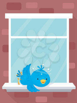 Illustration of a Dizzy Bird Mascot Explaining About Why Birds Strike Glass Windows
