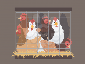 Illustration of Several Chickens Stuck Inside a Small Cage