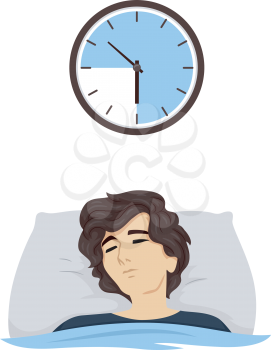 Illustration of a Teenage Guy Sleeping with Clock Above. Nine Hours Shaded
