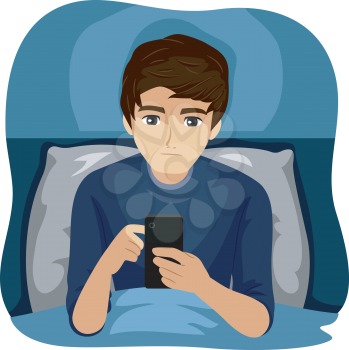Illustration of a Teenage Guy in His Bed Using His Mobile Phone