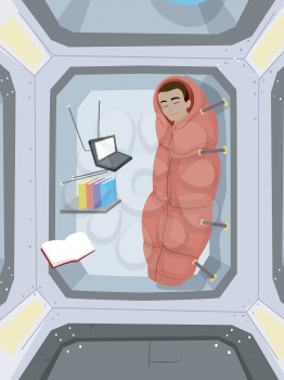 Illustration of a Teenage Guy Sleeping in the Space Station