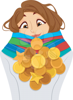 Illustration of a Teenage Girl Looking Down and Happy About the Several Gold Medals Around Her Neck