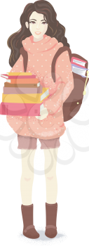Illustration of a Teenage Girl Carrying a Backpack Full of Books and Carrying Some More