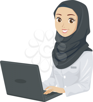 Illustration of a Muslim Teenage Girl Student Using a Laptop Wearing White Lab Gown