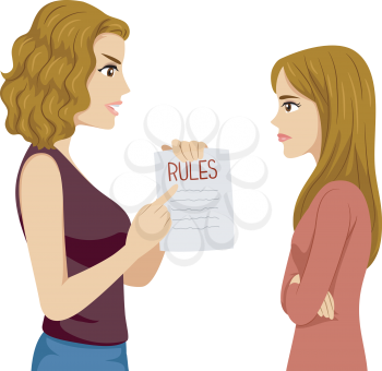 Illustration of an Angry Mother Pointing to a List of Rules and Showing it to Teenage Daughter