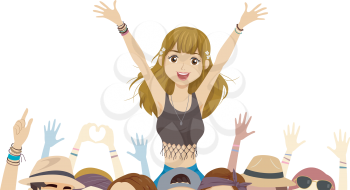 Illustration of a Teenage Girl Sitting on Top of Her Boyfriends Shoulder and Watching among the Crowd