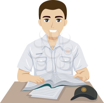 Illustration of a Teenage Guy Criminal Justice Student Reading a Book on Table with Cap