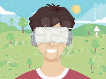 Illustration of a Teenage Guy Wearing Virtual Reality Goggles and Digital Environment Around Him