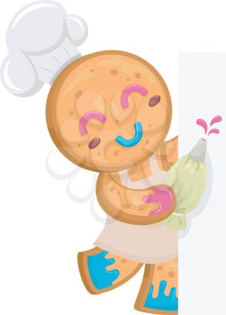 Illustration of a Ginger Bread Man Mascot Wearing Chef Hat and Apron and Holding a Pastry Bag with Blank Board