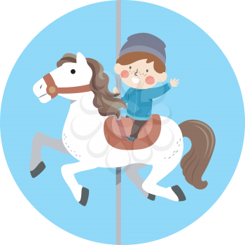 Illustration of a Kid Boy Riding a Carousel in the Winter