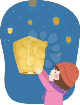 Illustration of a Kid Girl Releasing a Floating Lantern During Advent
