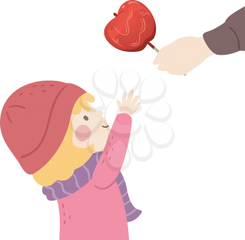 Illustration of a Kid Girl Receiving a Red Candy Apple in Winter