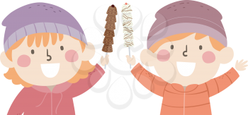 Illustration of Kids Holding Chocolates on Stick in Winter