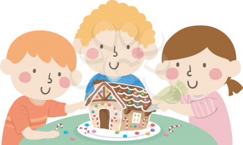 Illustration of Kids Decorating a Gingerbread House on the Table