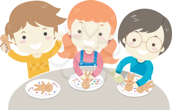 Illustration of Kids Decorating Gingerbread Man Cookies with Candies and Icing on Plates