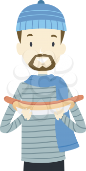 Illustration of a Man Holding a Long Sausage Sandwich