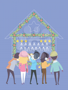 Illustration of a Group of People Checking Out a Stall in a Christmas Market