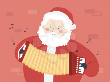 Illustration of a Street Performing Wearing Santa Claus Costume and Playing Accordion