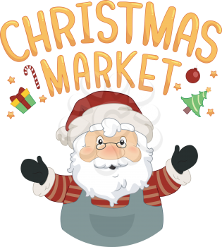Illustration of Christmas Market Lettering and Santa Claus Wearing Apron and Mittens