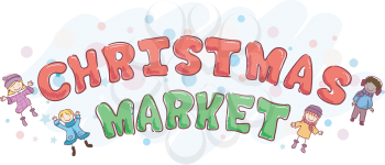 Illustration of Stickman Kids in Winter Clothes with Christmas Market Lettering