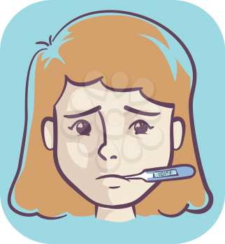 Illustration of Sick Girl with Thermometer In Her Mouth Showing 101 Degrees Fahrenheit