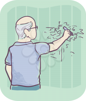 Illustration of a Senior Man Holding Pen and Writing on a Wall. Loss of Reasoning