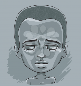 Illustration of a Sad and Distressed African Kid Boy Looking Downwards in Grayscale