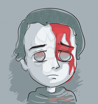 Illustration of a Sad and Distressed Kid Boy with Head Injury and Blood Flowing From Cut in Forehead