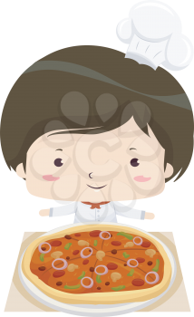 Illustration of a Kid Boy Wearing Chef Hat and Presenting a Big Pizza He Made