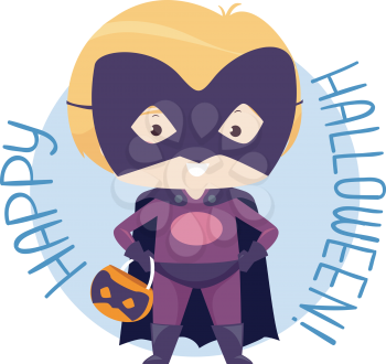 Illustration of a Kid Boy Wearing Super Hero Costume for Halloween and Holding a Pumpkin Basket