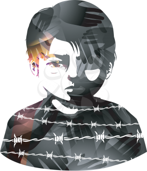 Illustration of a Sad and Distressed Kid Boy with Hand Prints All Over Him and Barbed Wire Prints. Struggles. eps10