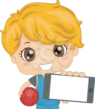 Illustration of a Kid Boy Showing a Blank Mobile Screen for an App and Holding a Basketball Ball