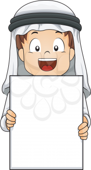 Illustration of a Kid Boy Student In Traditional Arab Thawb and Headdress Showing a Blank Sheet of Paper
