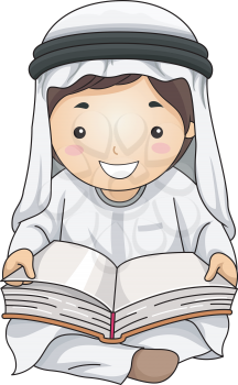 Illustration of a Kid Boy Student In Traditional Arab Thawb and Headdress Reading an Open Book