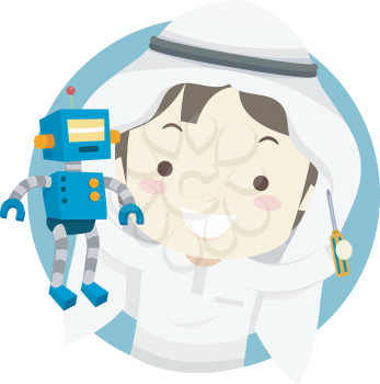Illustration of a Kid Boy In Traditional Arab Thawb and Headdress Holding a Toy Robot He Made and a Screw Driver