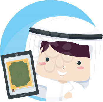 Illustration of a Kid Boy In Traditional Arab Thawb and Headdress and Holding a Tablet PC with Quran App