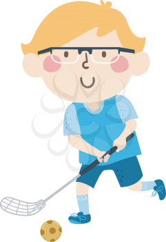Illustration of a Kid Boy Holding Floorball Stick and Wearing Glasses