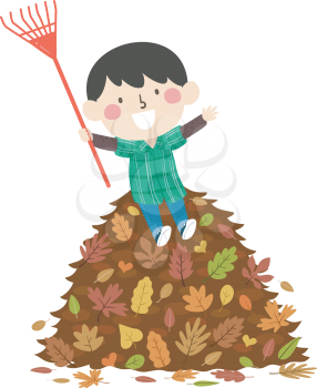 Illustration of a Kid Boy Sitting on Top of a Pile of Autumn Leaves While Holding a Rake