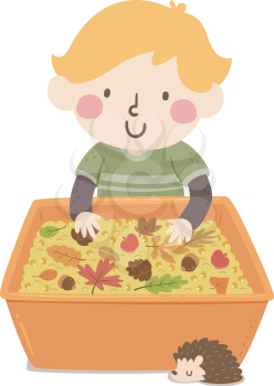 Illustration of a Kid Boy Playing with Autumn Leaves inside a Sensory Bin with a Cute Hedgehog