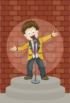 Illustration of a Kid Boy on Stage Performing a Stand Up Comedy with Spotlight on Him