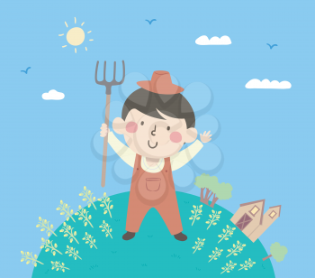 Illustration of a Kid Boy Wearing Farmer Clothes, Holding a Rake and Standing with His Crops