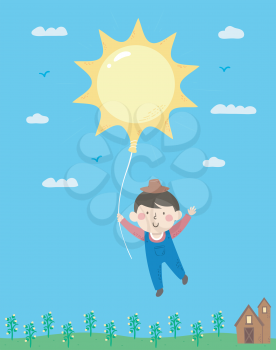 Illustration of a Kid Boy Wearing Farmer Uniform Being Carried by a Sun Shaped as a Balloon