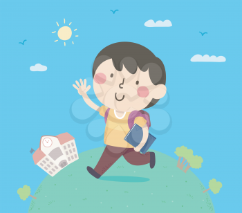 Illustration of a Kid Boy Wearing Backpack and Waving while Going to School