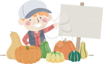 Illustration of a Kid Boy Selling Pumpkins with Blank Sign Board